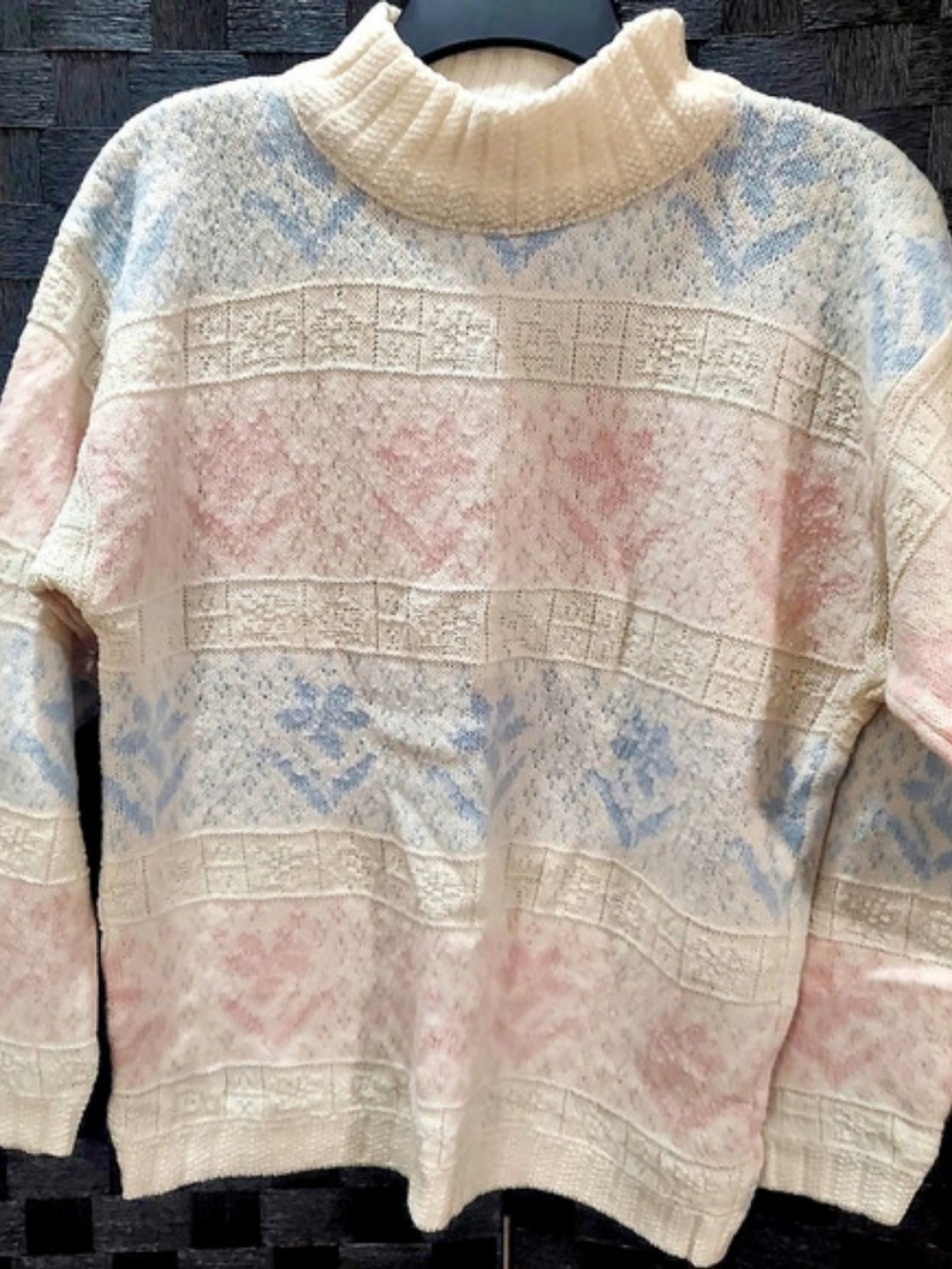 VTG Spunky Pastel Knit Mock Neck Sweater Floral Fair Isle Retro 80s Boho Style
